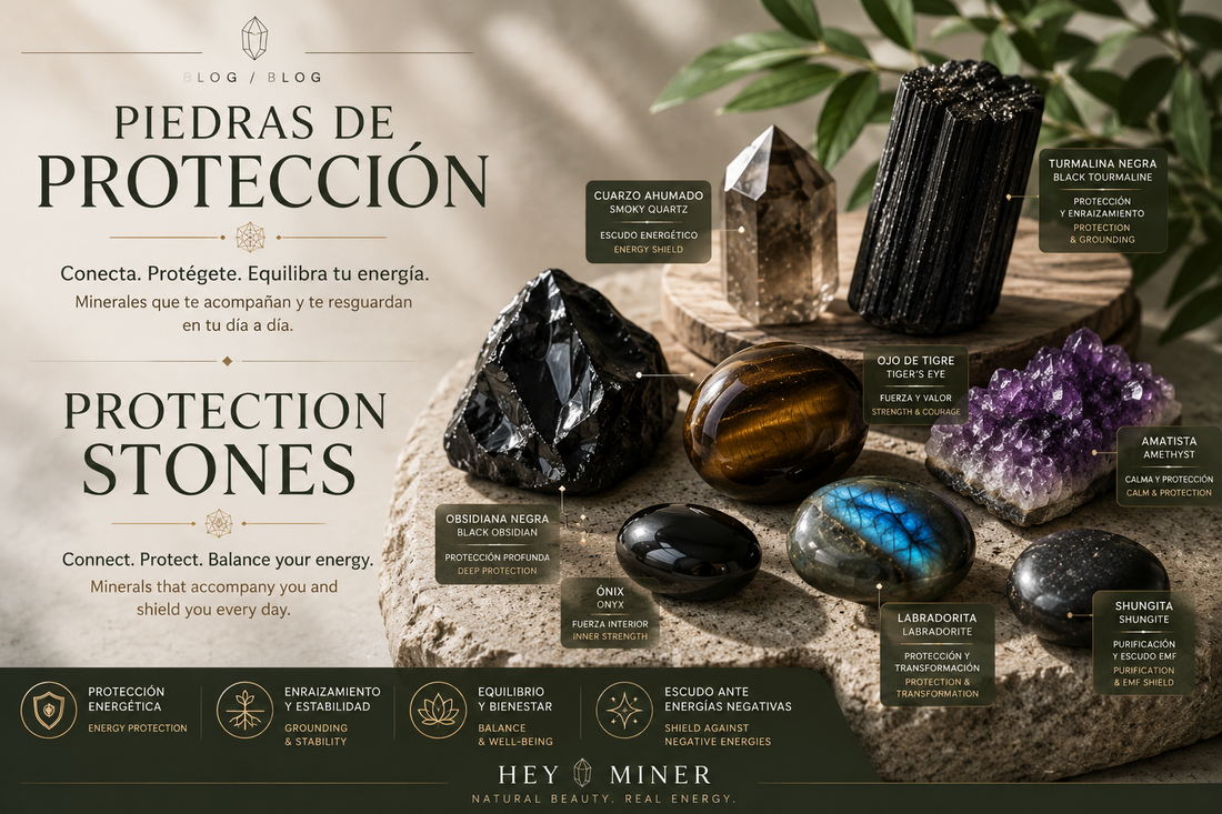 Blog cover about protection stones, featuring minerals such as black tourmaline, smoky quartz, black obsidian, tiger’s eye, amethyst, labradorite and shungite on an elegant natural background.