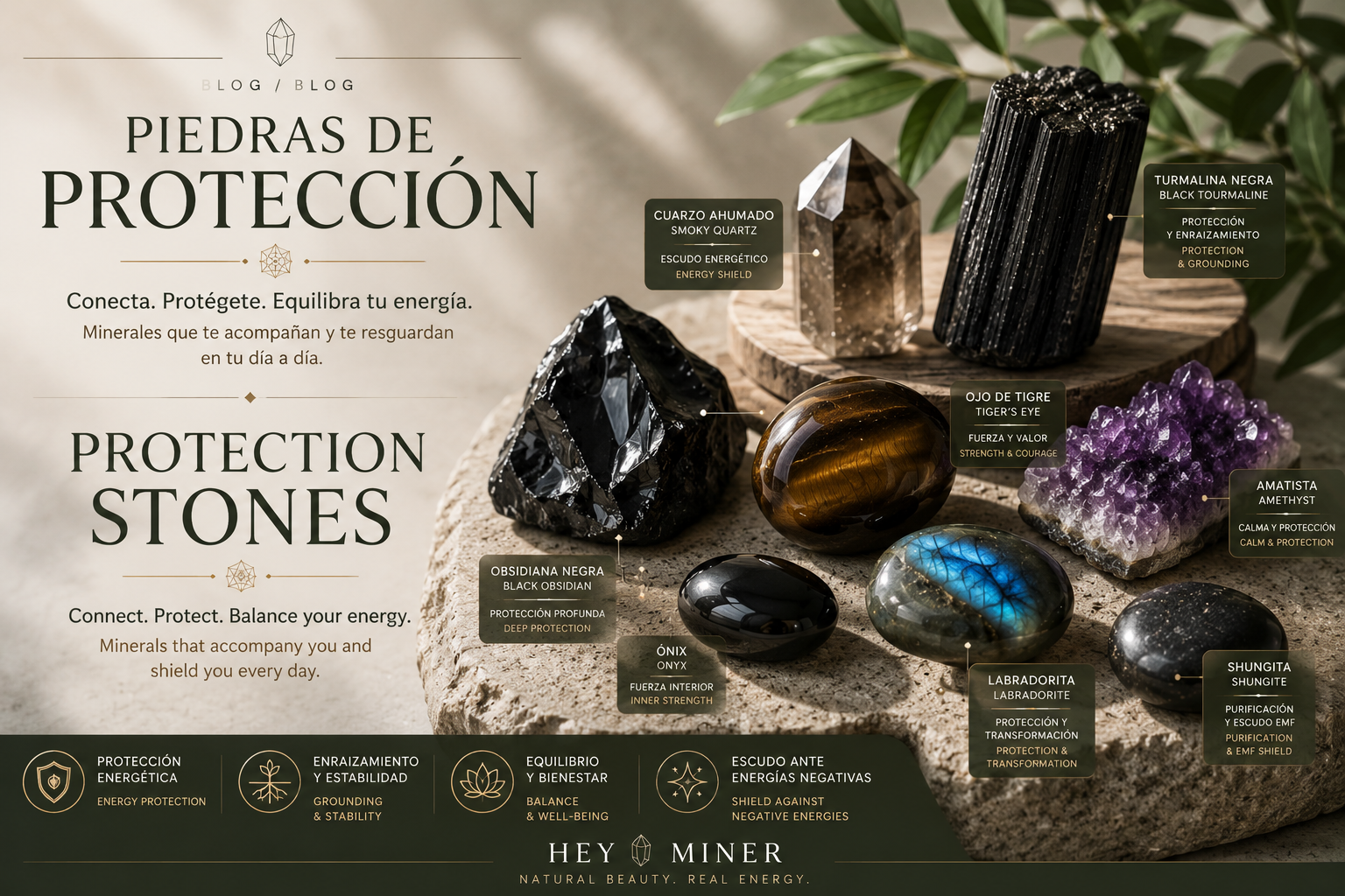 Blog cover about protection stones, featuring minerals such as black tourmaline, smoky quartz, black obsidian, tiger’s eye, amethyst, labradorite and shungite on an elegant natural background.