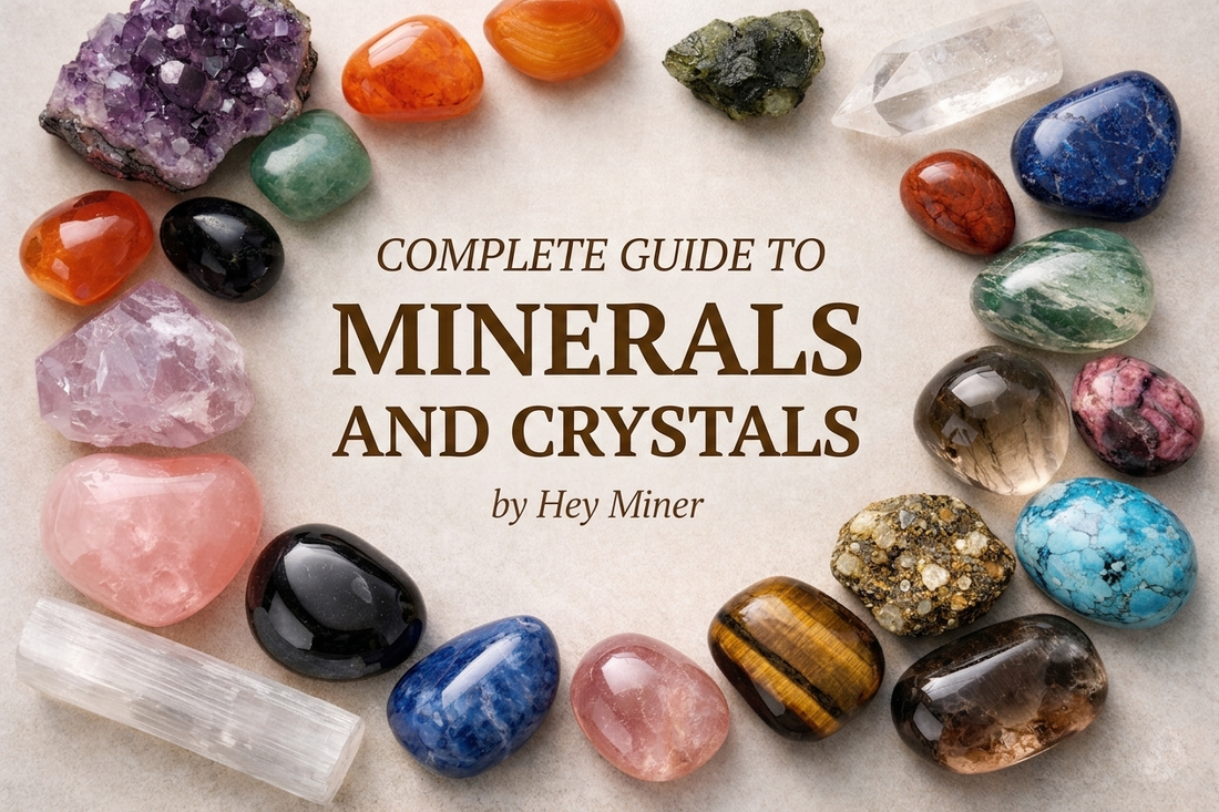 "Cover art for 'Complete Guide to Minerals and Crystals by Hey Miner', featuring a circle of various polished gemstones and crystals on a light background.