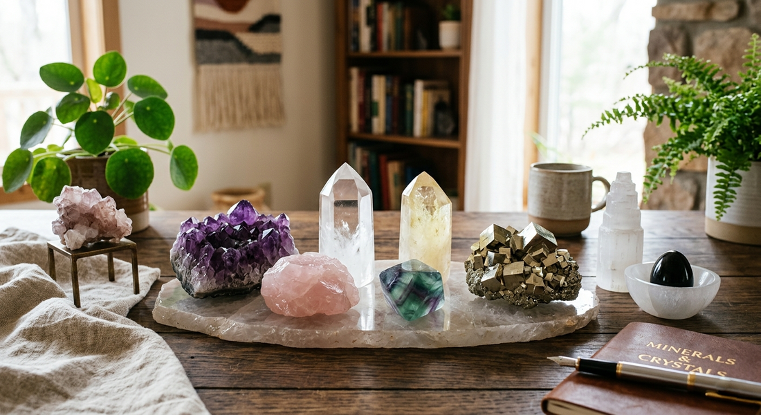 A collection of seven essential minerals including quartz, amethyst, and pyrite arranged on a display shelf for home decor and crystal collecting