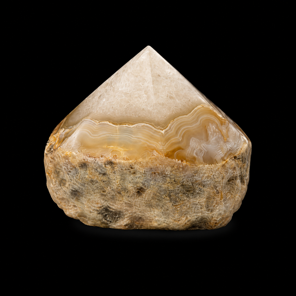 Front view of a unique cream honey semi-polished agate point with natural banding, polished apex and rough base on a black background