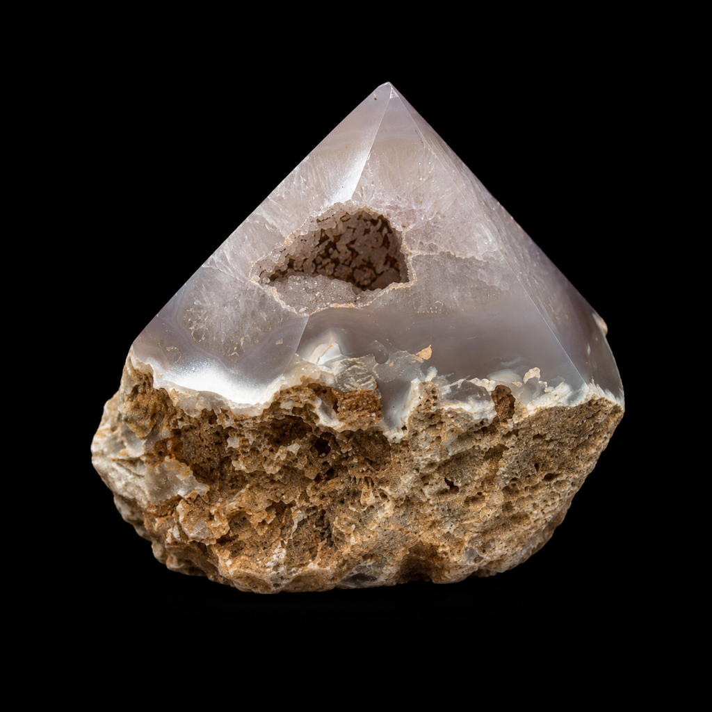 Front view of a unique soft grey semi-polished agate point with natural druzy cavity, polished apex and rough base on a black background