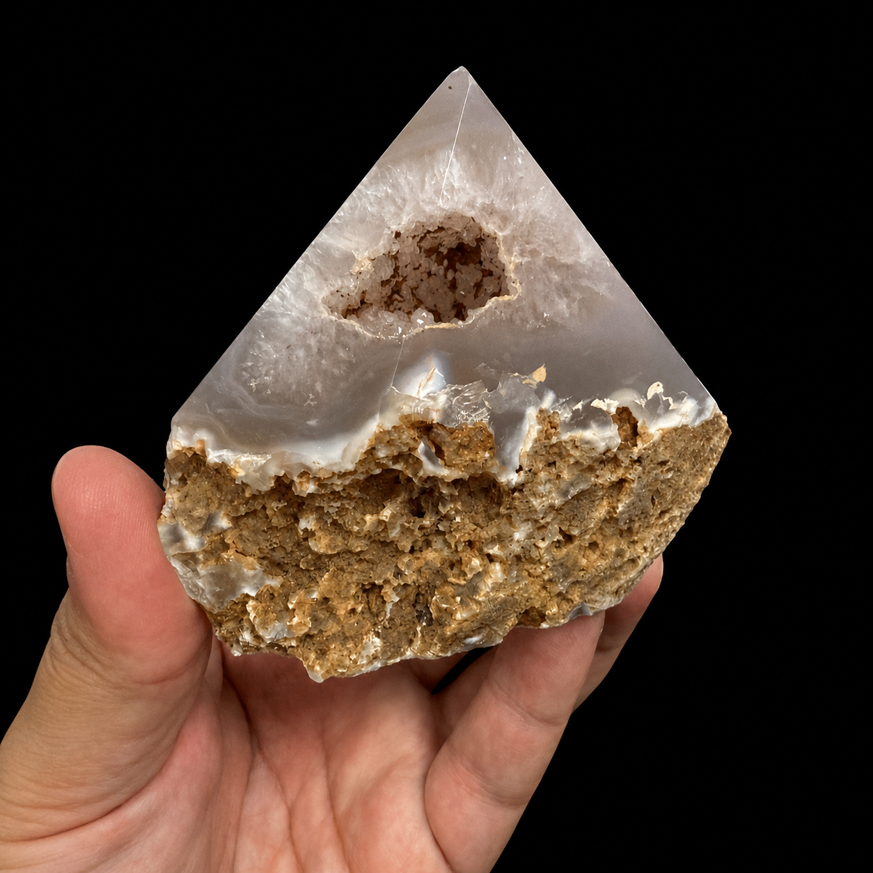 Hand-held front view of a unique soft grey semi-polished agate point with natural druzy cavity, translucent polished apex and rough earthy base, shown for size reference on a black background.

Back view: