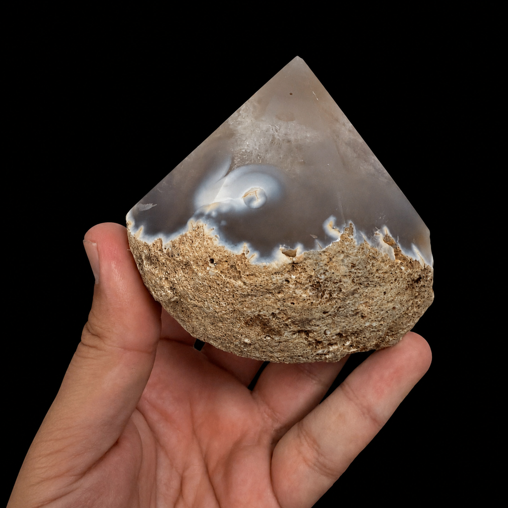 Hand-held back view of a unique soft grey semi-polished agate point with translucent polished apex, pale agate banding and rough natural base, shown for size reference on a black background.