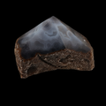 Front view of a unique smoky grey semi-polished agate point with subtle natural banding, polished apex and rough brown base on a black background