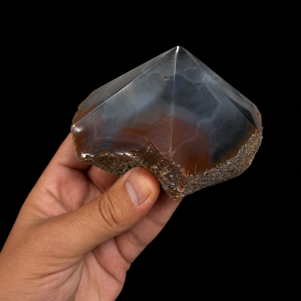 Hand-held angled side view of a unique smoky grey semi-polished agate point with reddish brown translucence, polished facets and rough natural base, shown for size reference on a black background.