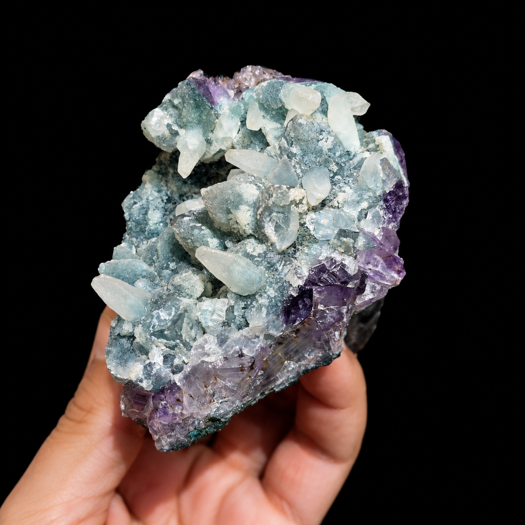Amethyst with Manganocalcite cluster angled side view, showing blue-green surface texture, pale crystal formations and purple amethyst base