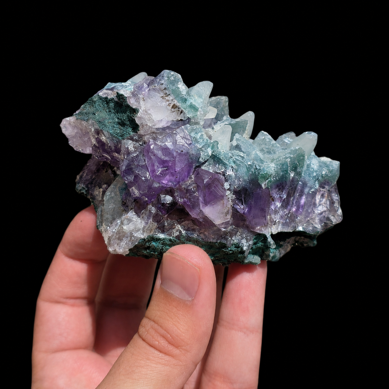 Amethyst with Manganocalcite cluster side view in hand, showing purple amethyst crystals, raw matrix and natural mineral layers