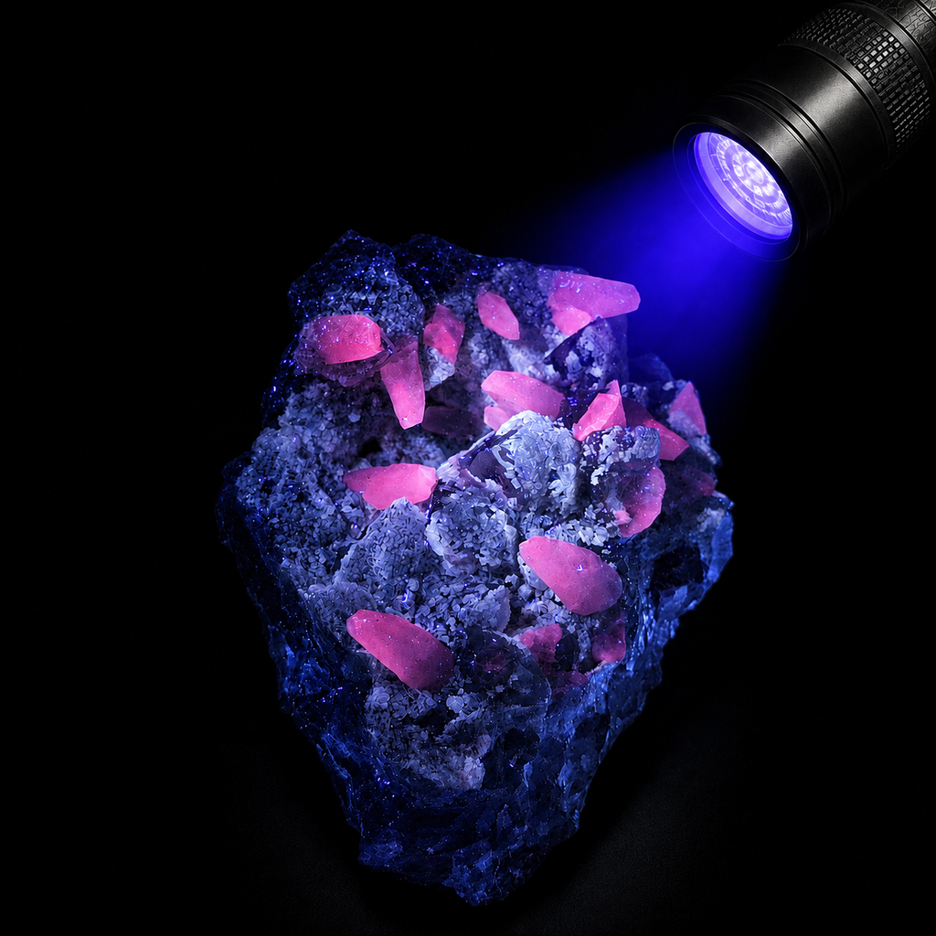 Amethyst with Manganocalcite cluster under UV light, showing bright pink fluorescence with a visible UV torch on a black background
