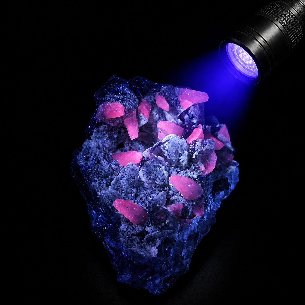 Amethyst with Manganocalcite cluster under UV light, showing bright pink fluorescence with a visible UV torch on a black background
