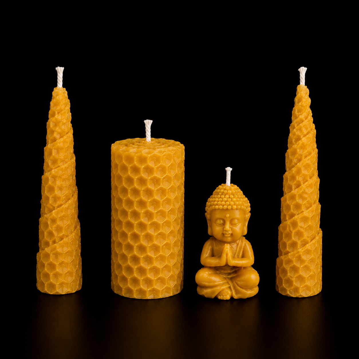 Handmade beeswax honey candle full set with two spiral candles, one Buddha candle and one pillar candle in warm golden colour