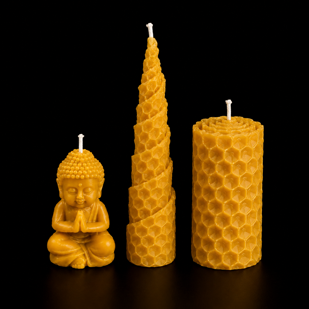 Handmade honey candles in Buddha, spiral and pillar shapes with natural beeswax look and artisan finish