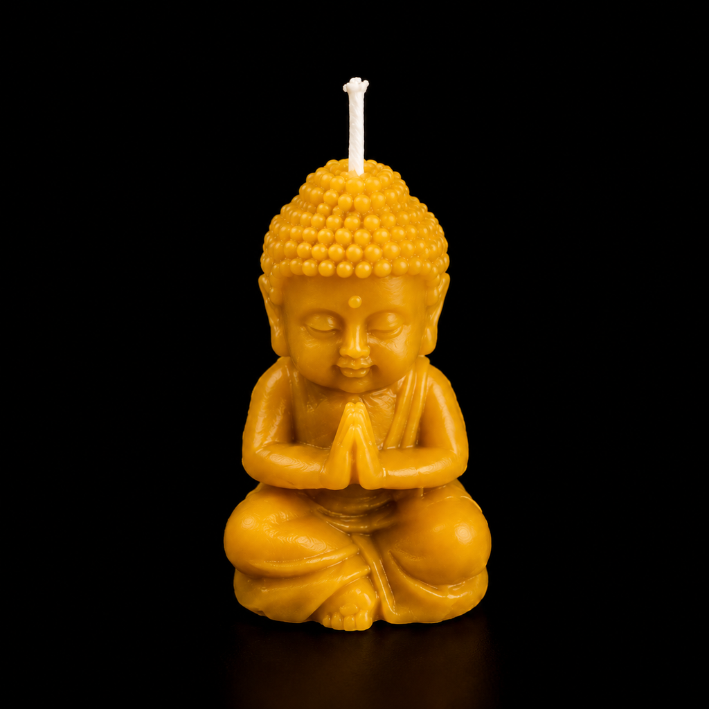 Handmade Buddha beeswax honey candle with warm golden colour and soft artisan finish