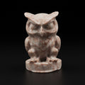 Hand-carved Red Line Jasper owl sculpture, front view showing intricate linear patterns and eye detailing. Unique natural stone mineral art