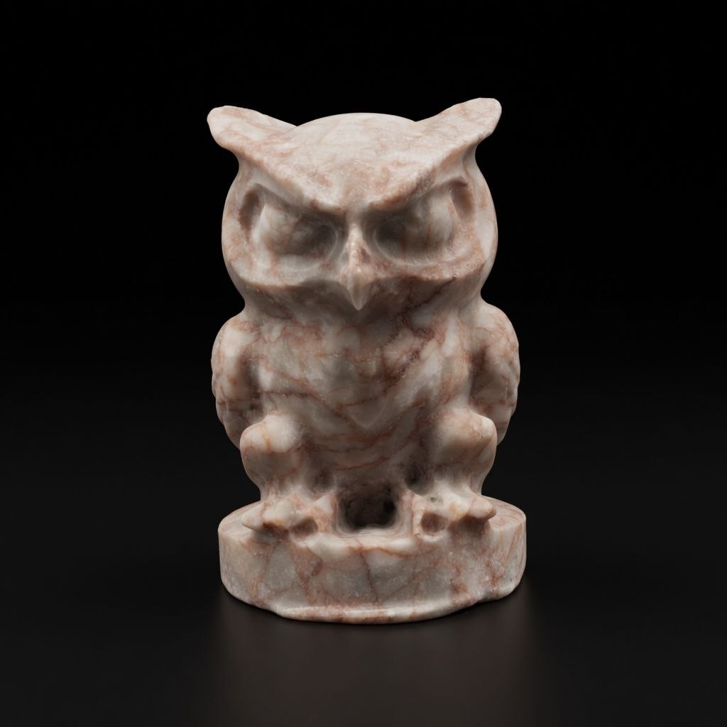 Hand-carved Red Line Jasper owl sculpture, front view showing intricate linear patterns and eye detailing. Unique natural stone mineral art