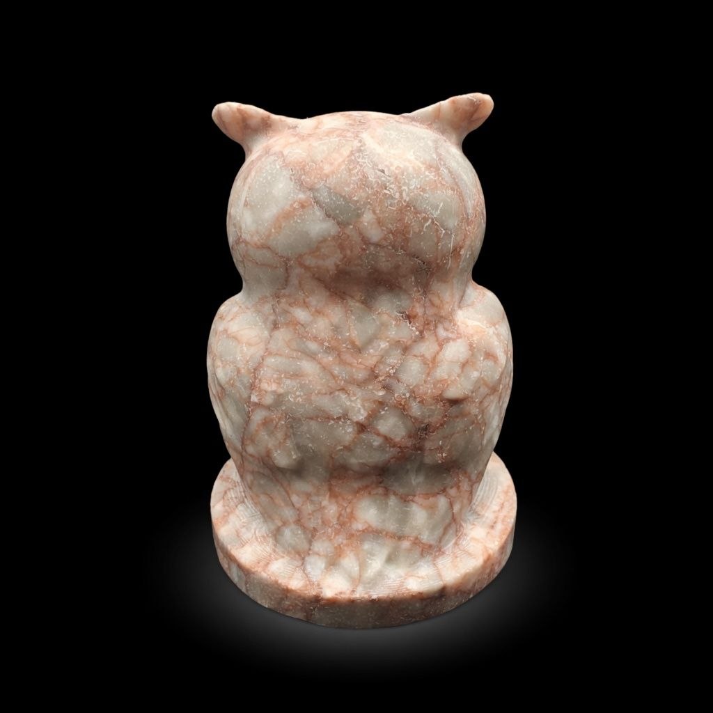 Rear view of a 350g hand-carved Red Line Jasper owl sculpture. Showcasing expert artisanal craftsmanship and natural layered stone textures