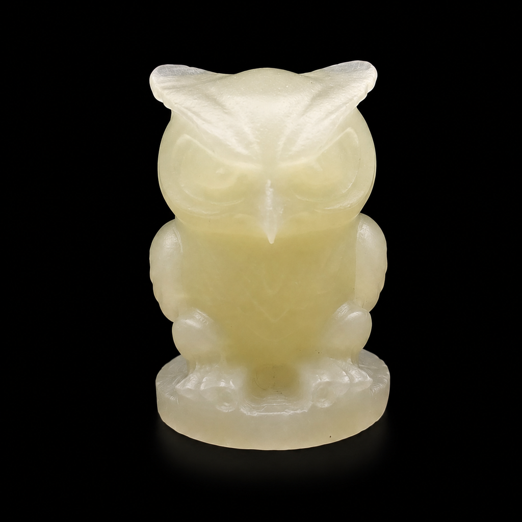 Front view of green onyx owl carving with soft translucent glow on black background