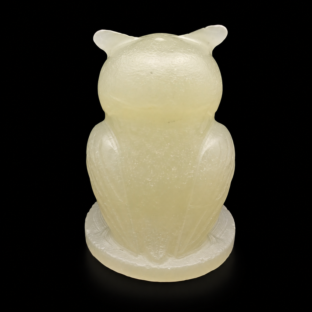 Back view of green onyx owl carving highlighting polished stone texture and shape
