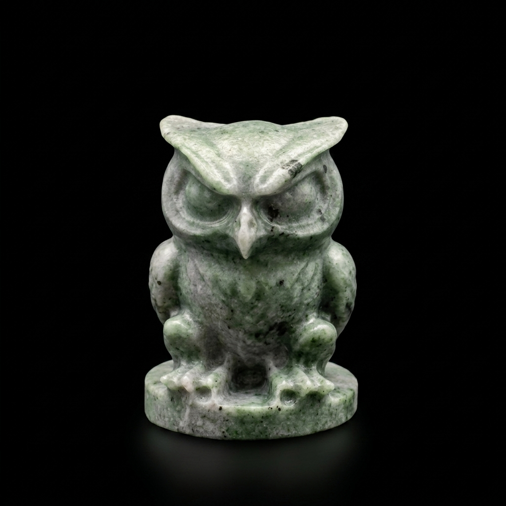 Front view of a hand-carved serpentine owl sculpture. This unique natural stone figurine features intricate detailing, perfect for mineral collectors