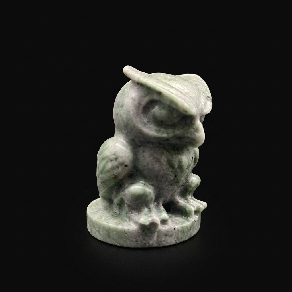 Three-quarter profile view of a hand-carved serpentine owl sculpture, highlighting the unique natural stone texture and artisanal craftsmanship