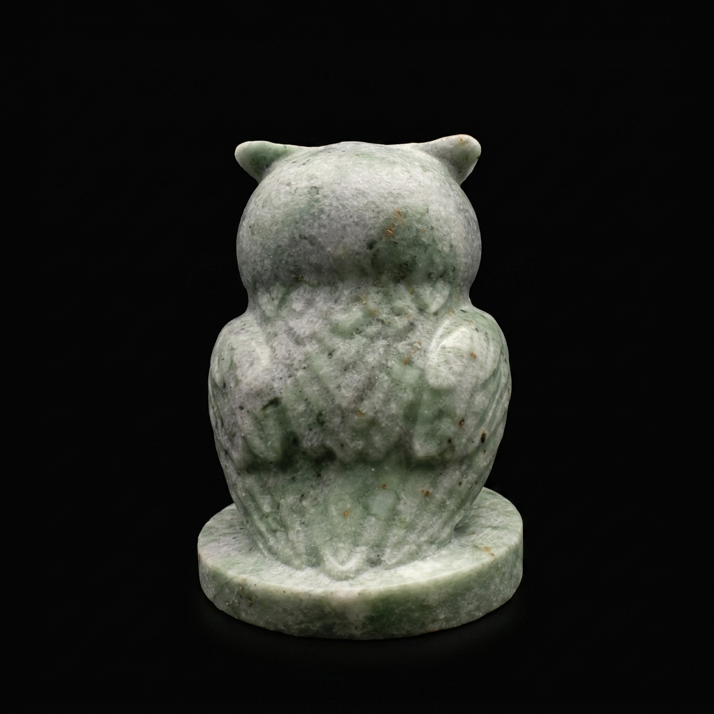 Rear view of a hand-carved serpentine owl sculpture, displaying the intricate carved feather detailing and natural green mineral patterns