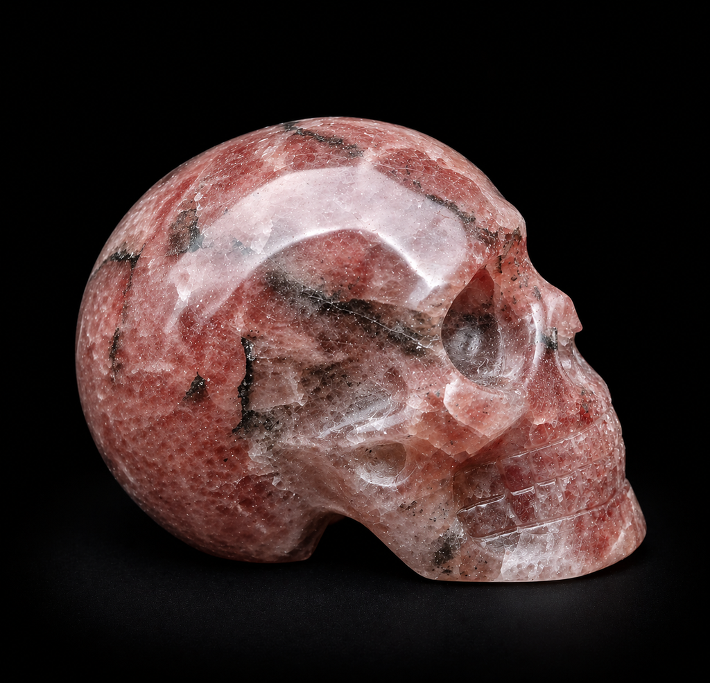 polished strawberry quartz skull with white inclusions side angle
