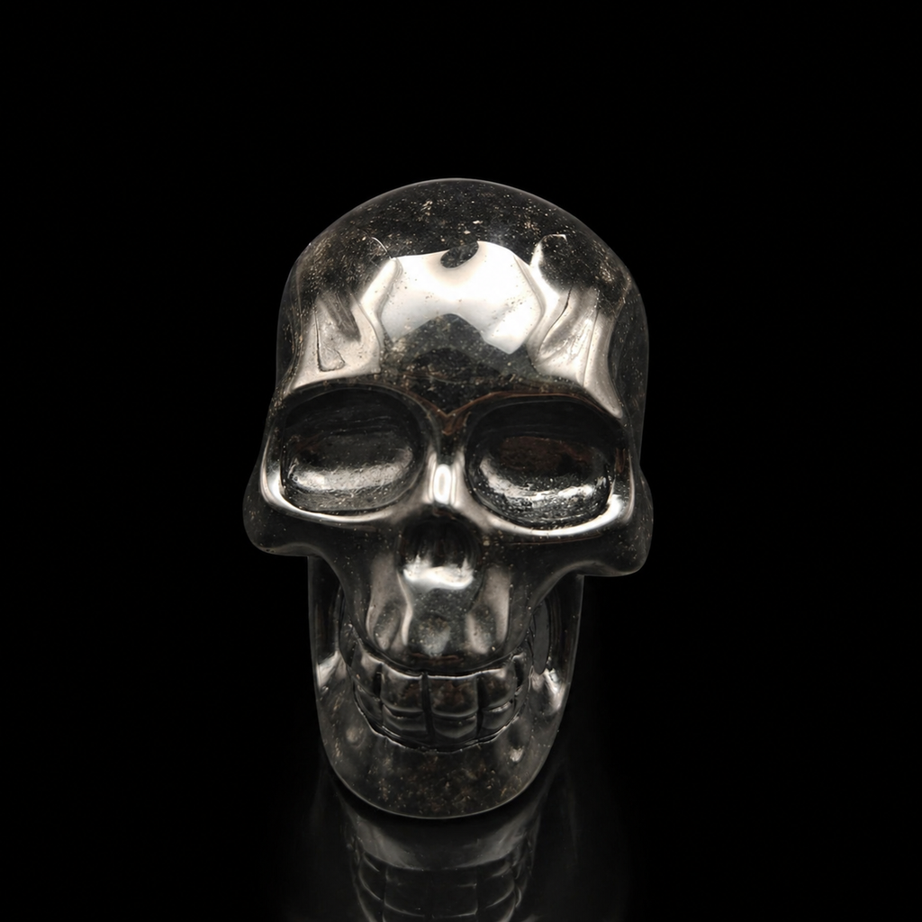 Silver Sheen Obsidian skull front view, 500g polished black crystal carving with natural silver reflections