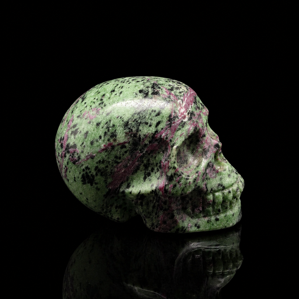 Ruby Zoisite skull side view, 630g carved green stone skull showing natural ruby veining and dark mineral speckling