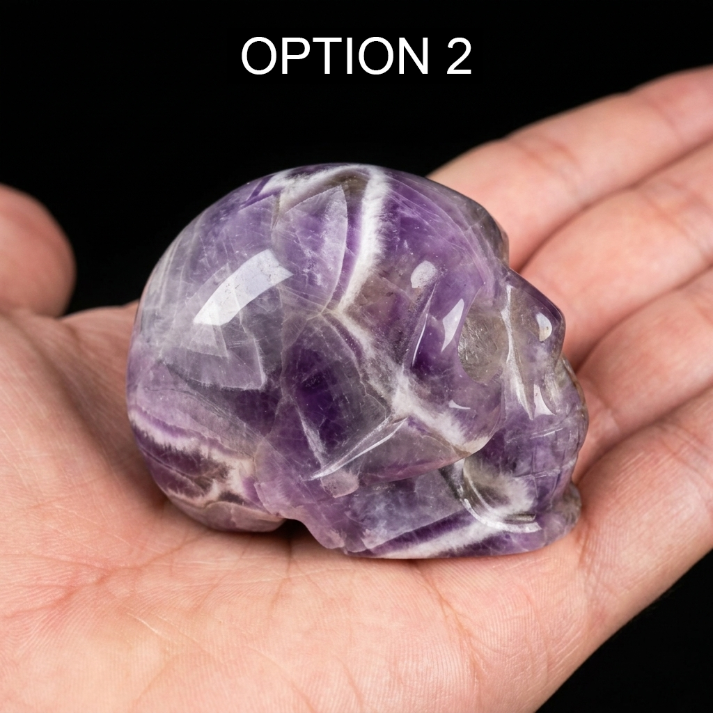 Premium Chevron Amethyst Skulls – Unique Carving and Natural Geometric Veining