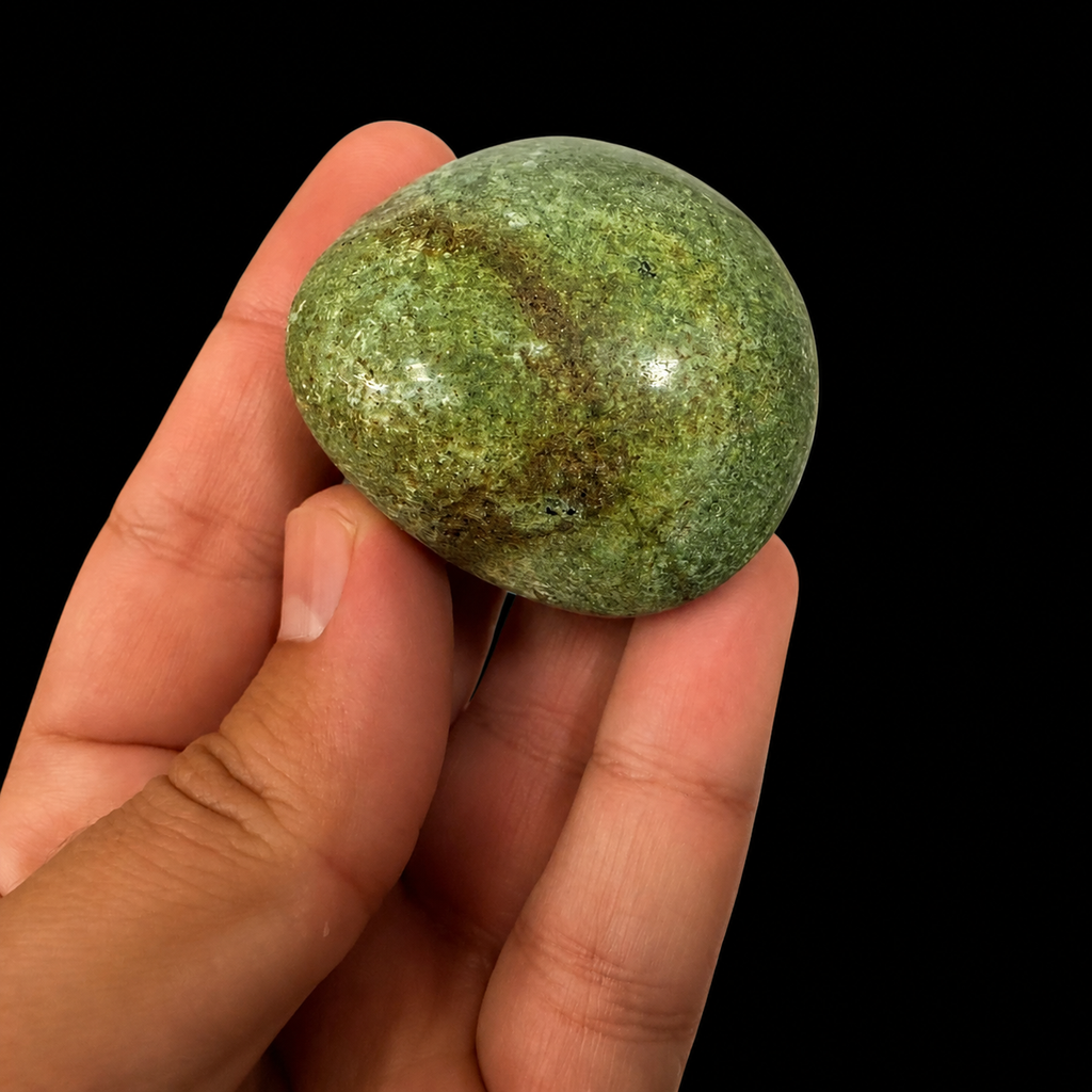 Polished chrysoprase palm stone held in hand as size reference, showing natural green mottled colour and smooth rounded shape