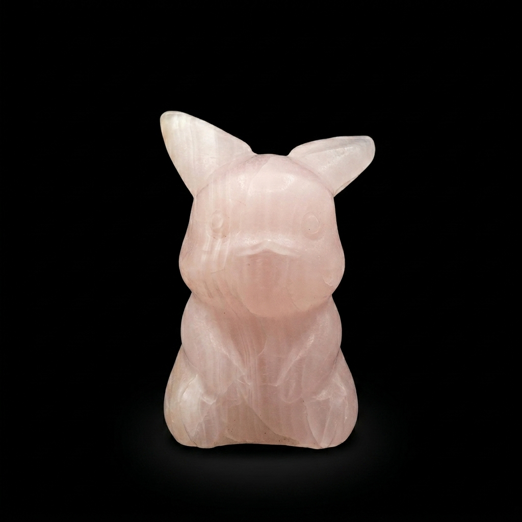 Front view of a pink calcite rabbit carving, UV reactive unique mineral piece with soft polished details
