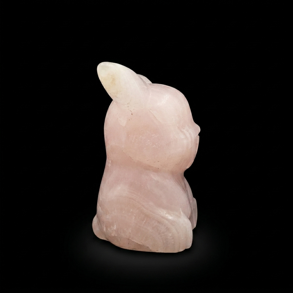 Angled front view of a pink calcite bunny carving, polished UV reactive calcite figure with natural translucent tones