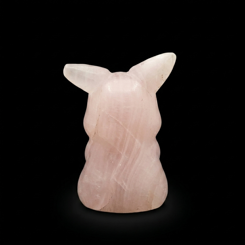 Back view of a pink calcite rabbit carving, unique UV reactive mineral figure with smooth polished finish