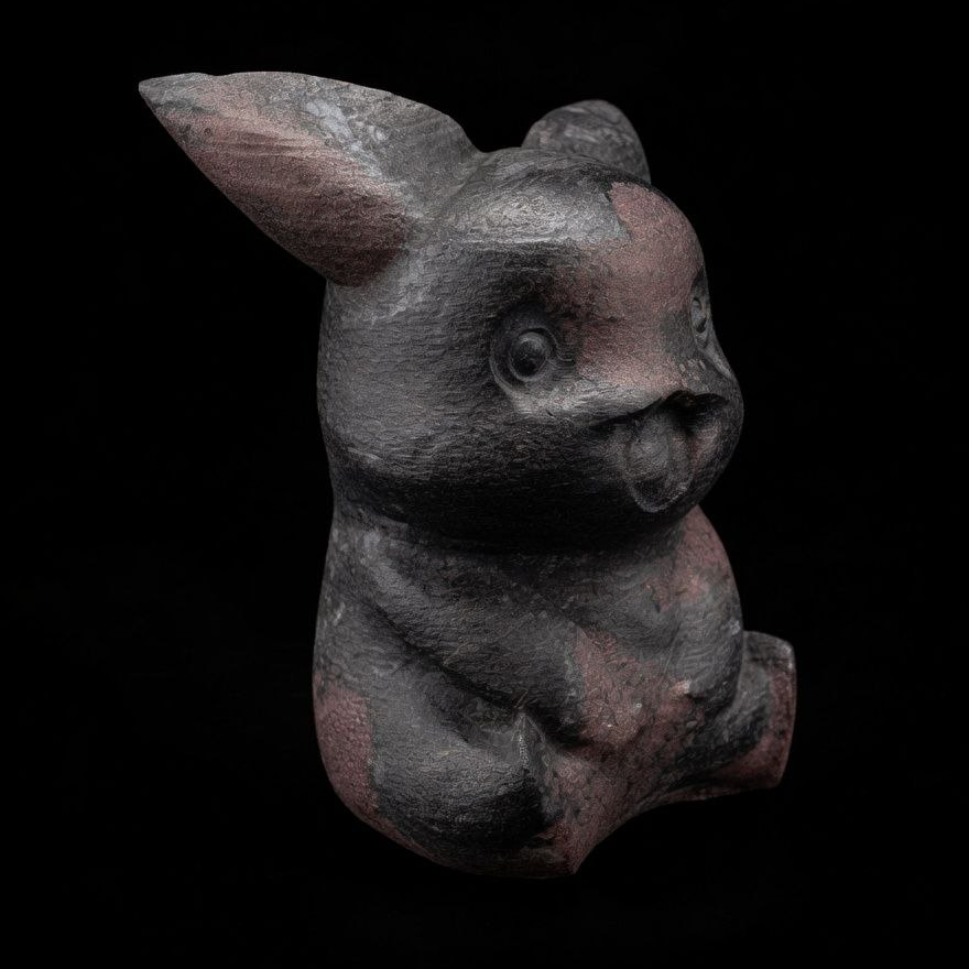 Technical angled profile view of the 500g Garnet Astrophyllite Pikachu carving, detailing the expert hand-carved shape, deep mineral matrix texture, and vibrant star inclusions