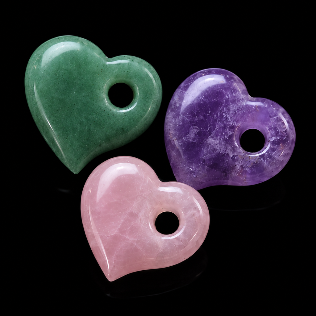 Set of three polished crystal heart pendants with drilled holes on black background, featuring green quartz, amethyst and rose quartz