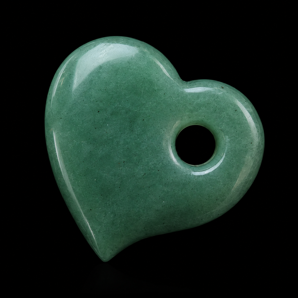 Polished green quartz heart pendant with drilled hole on black background, showing natural speckled texture and glossy finish