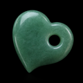 Polished green quartz heart pendant with drilled hole on black background, showing natural speckled texture and glossy finish