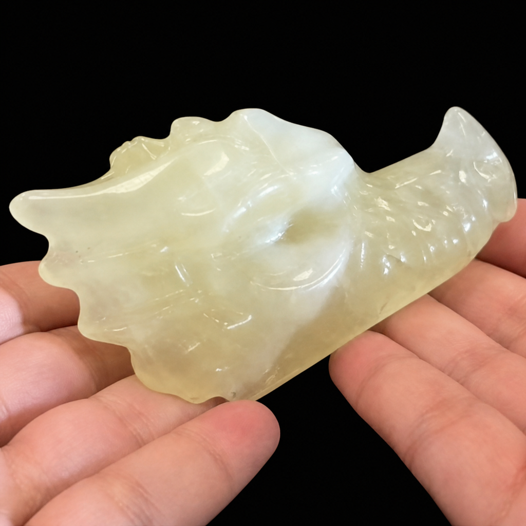 Citrine dragon head carving close side detail, showing sculpted scales, horn shape and glossy polished finish