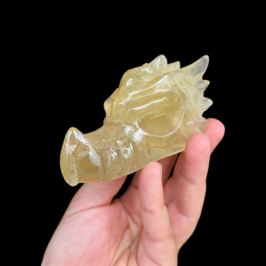 Citrine Dragon Head Carving – Golden Translucent Veining | HeyMiner
