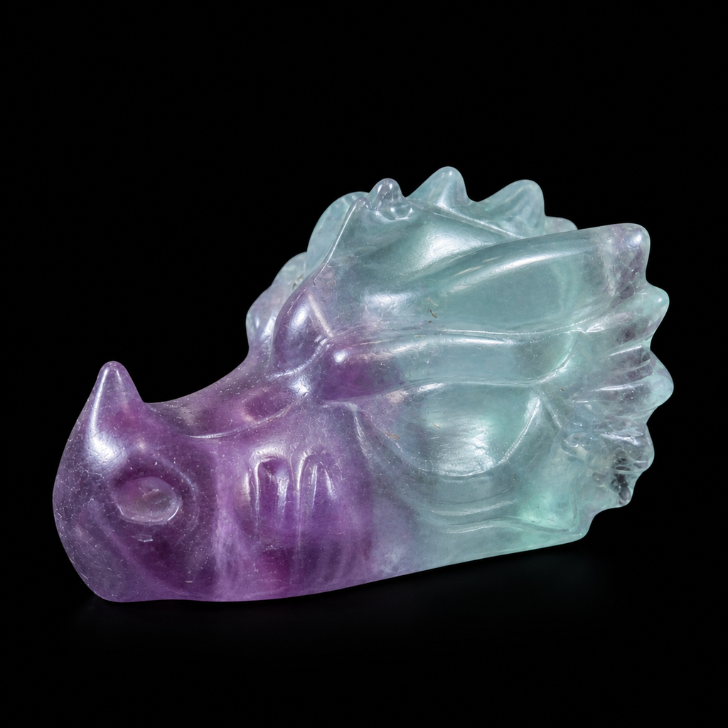 Fluorite dragon head carving opposite side view with aqua blue fluorite body and violet purple front section