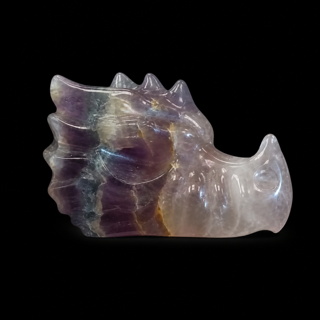 Fluorite dragon head side view showing purple-violet zoning, golden-brown internal lines and translucent snout