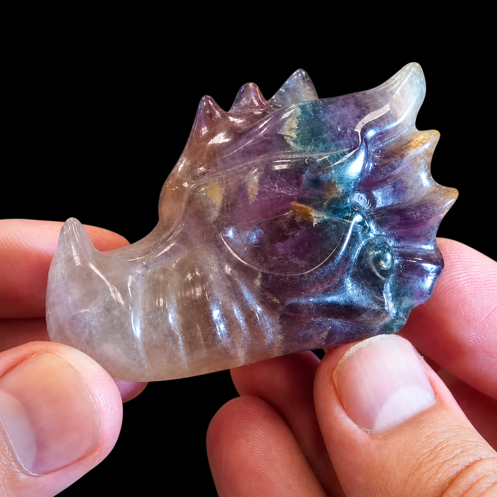 Fluorite dragon head held in hand for size reference with dark purple zoning and pale translucent snout