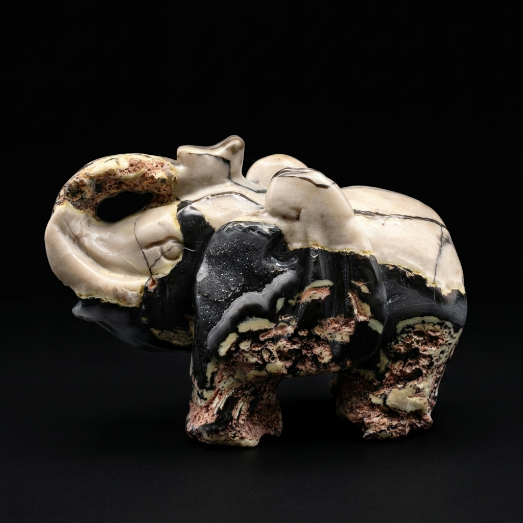 VOLCANIC AGATE (Hand-Carved Elephant) – High Contrast with Natural Matrix | HeyMiner