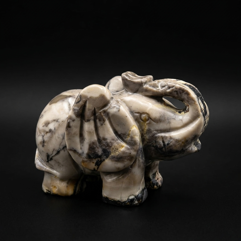 VOLCANIC AGATE (Hand-Carved Elephant) – High Contrast with Natural Matrix | HeyMiner