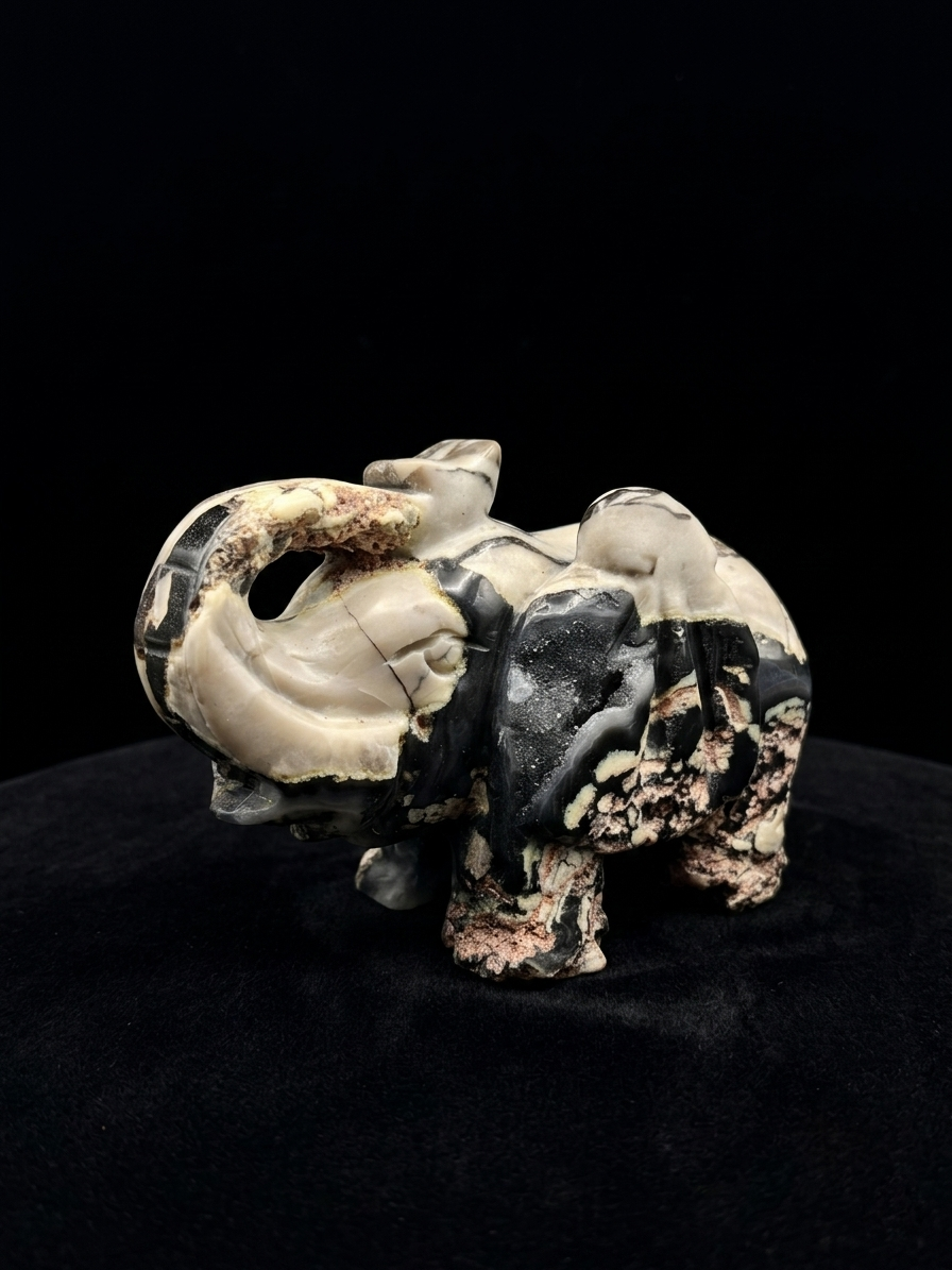 VOLCANIC AGATE (Hand-Carved Elephant) – High Contrast with Natural Matrix | HeyMiner