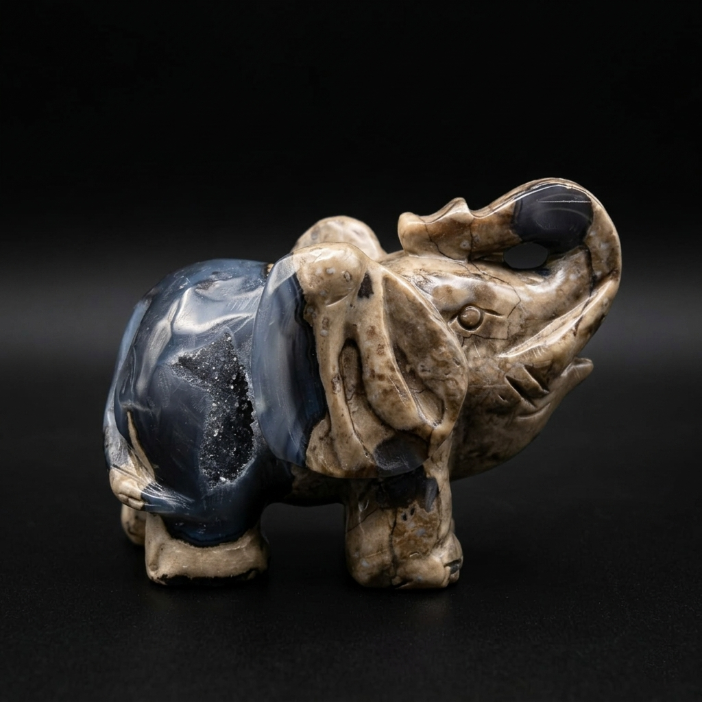 VOLCANIC AGATE ELEPHANT (Hand-Carved) – Natural Druzy & UV Reactive | HeyMiner