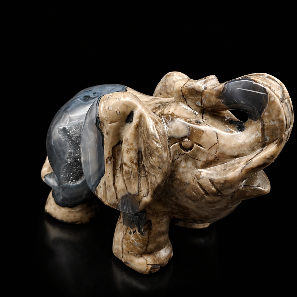 VOLCANIC AGATE ELEPHANT (Hand-Carved) – Natural Druzy & UV Reactive | HeyMiner