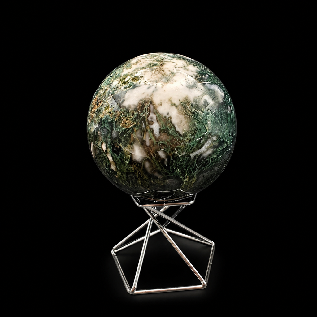 Slightly rotated front view of a polished moss agate sphere 410g showing deep green moss-like inclusions and creamy white natural patterns