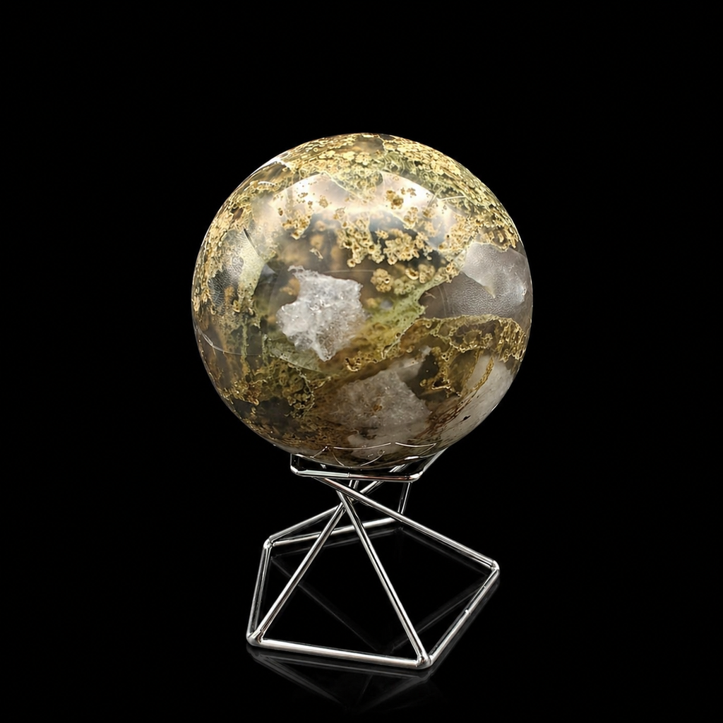 Slightly rotated front view of a polished moss agate sphere 365g showing golden moss-like inclusions, translucent grey sections and earthy brown natural patterns on a metal stand