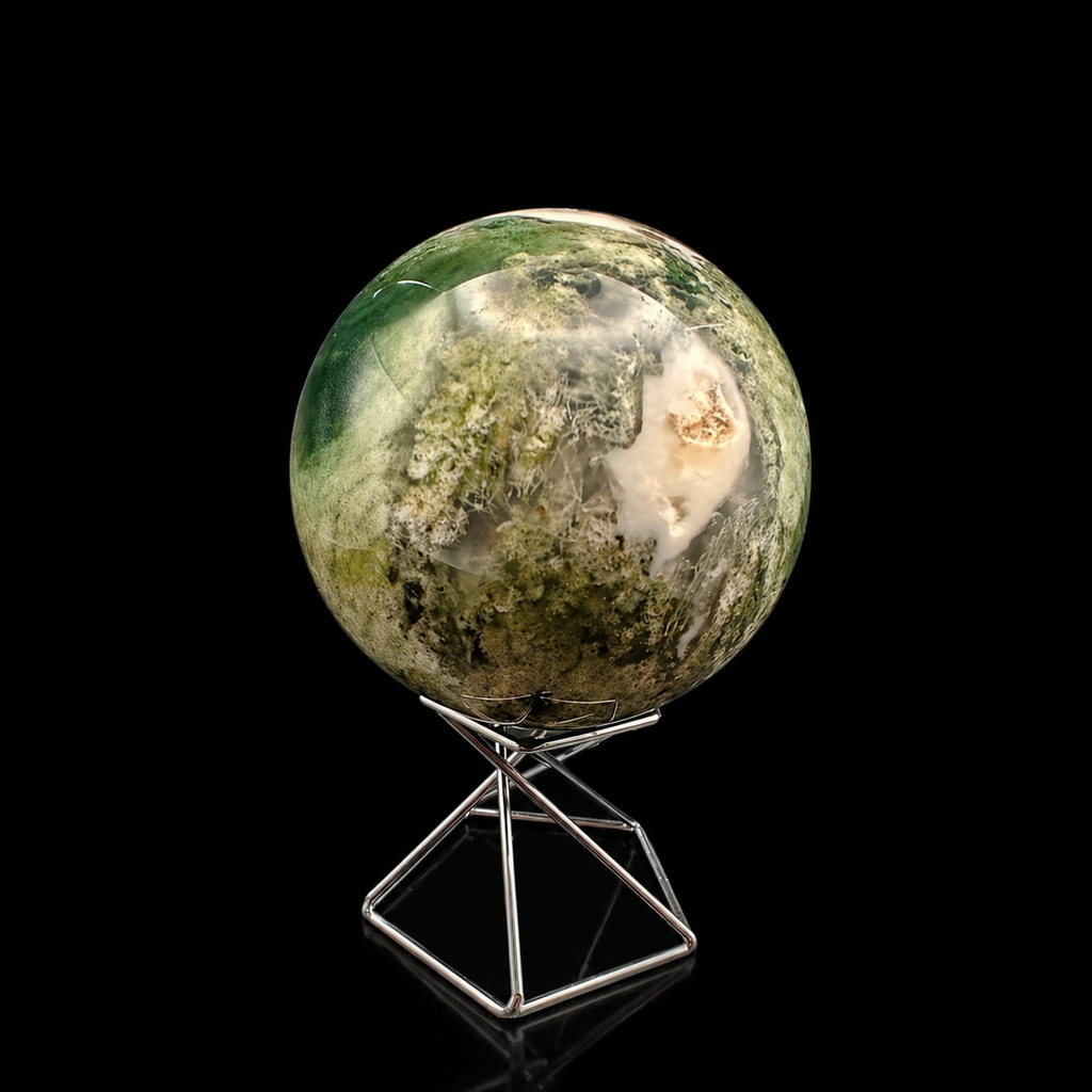 Front view of a polished moss agate sphere 500g with green scenic inclusions, creamy white areas and natural earthy patterns on a metal stand